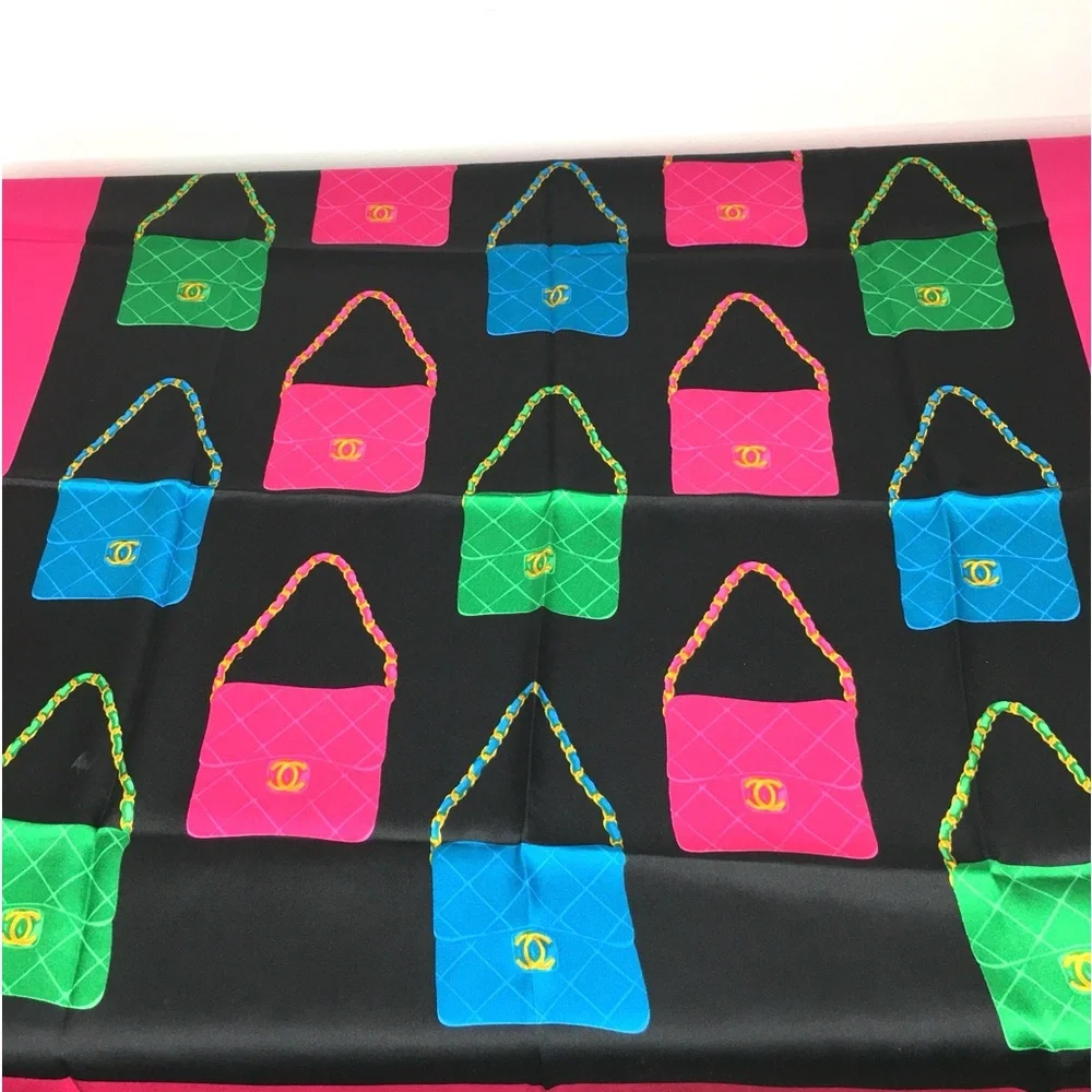 CHANEL authentic silk scarf pink black